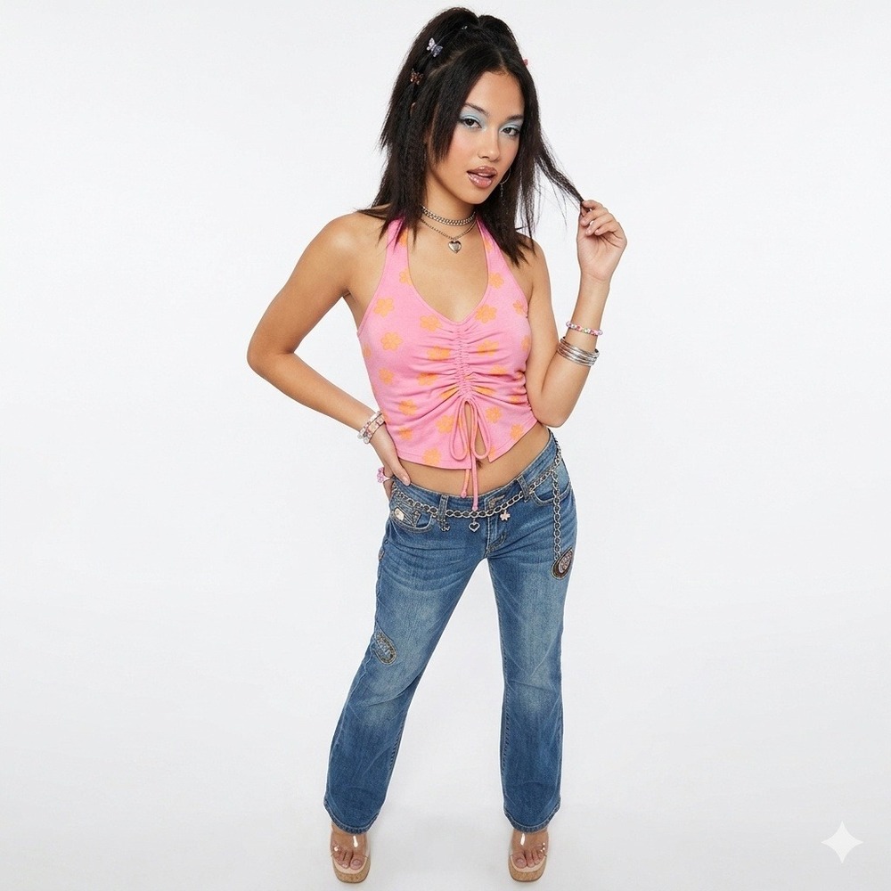 Self Esteem Daisy Floral Halter‎ Crop Top Medium Y2K Ruched McBling Festival